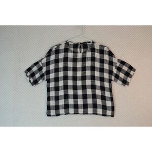 Zara Women's XS Black White Gingham Plaid Linen Blend Short Sleeve Blouse